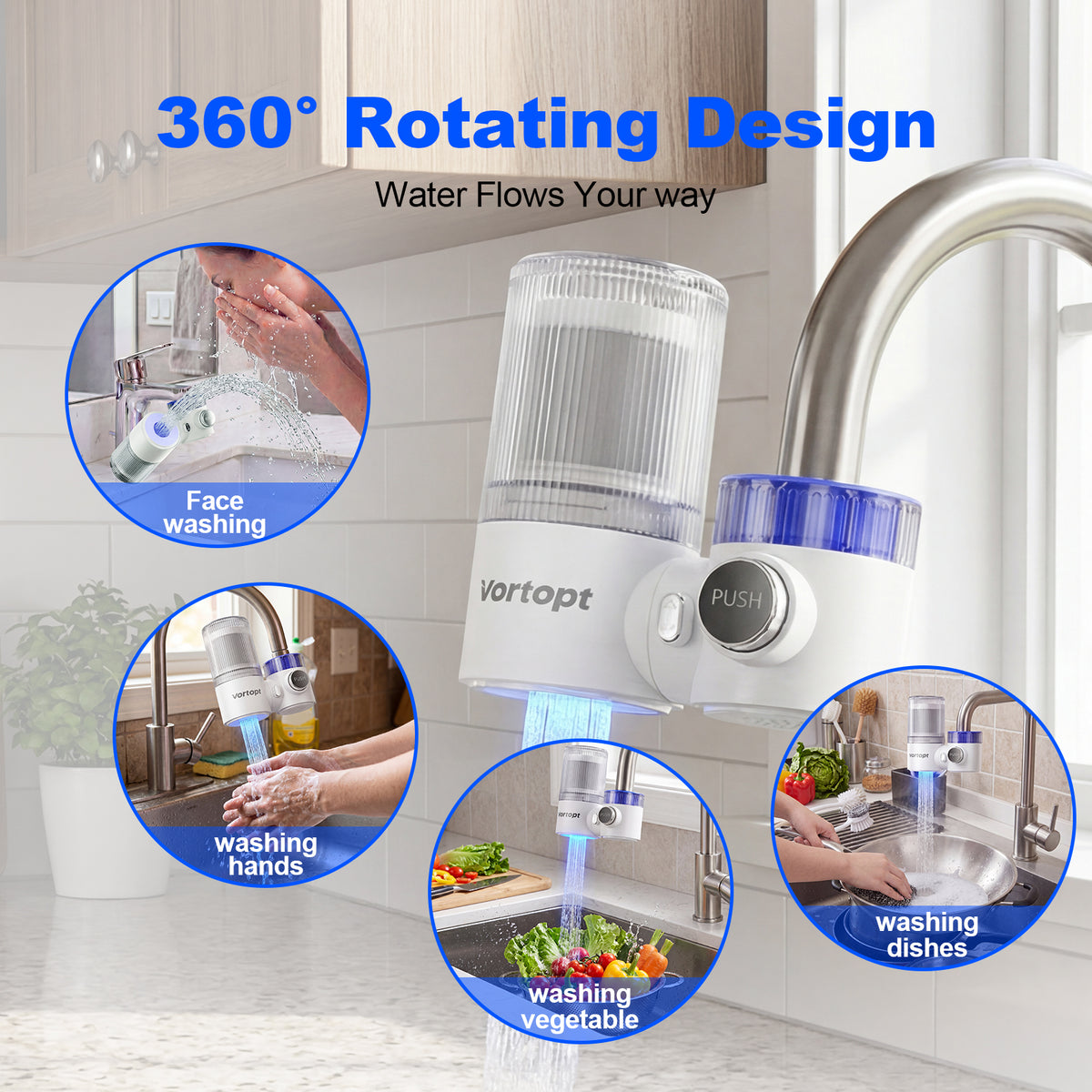 T6-LG 360° Rotating Faucet Water Filter with Blue Light Technology – 400-Gallon Capacity, Reduces 99% Chlorine & Odor, Universal Fit, 3-Month Lif