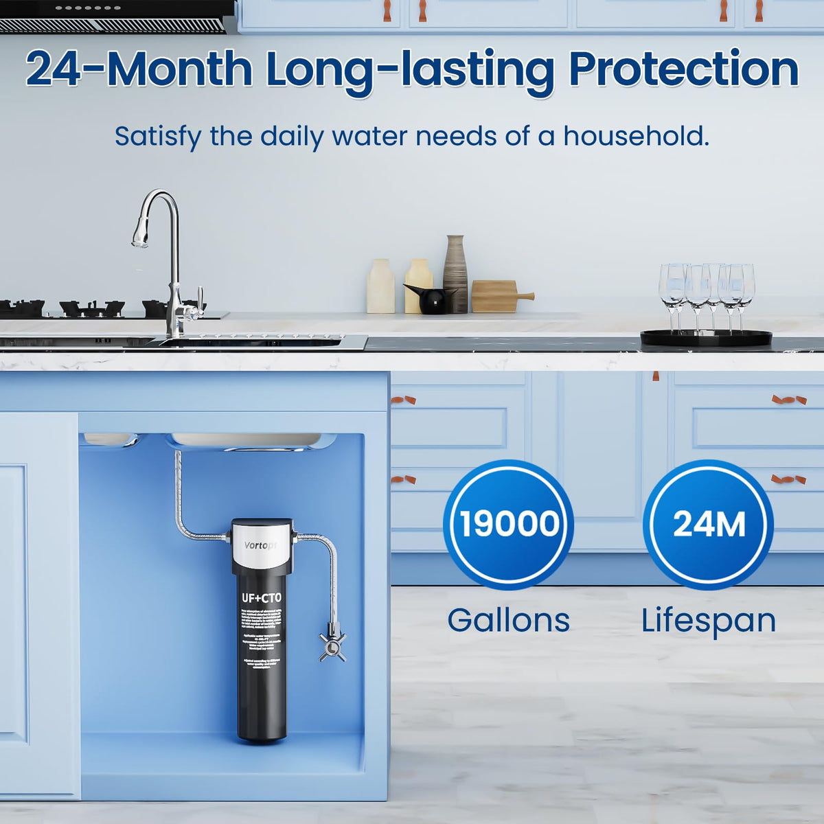 Q5-UF 0.01μm Under Sink Water Filter System , 19000 Galloons Large Flow Flux, Reduces PFAS, PFOA/PFOS, Retains Mineral Material, Vortopt - Vortopt